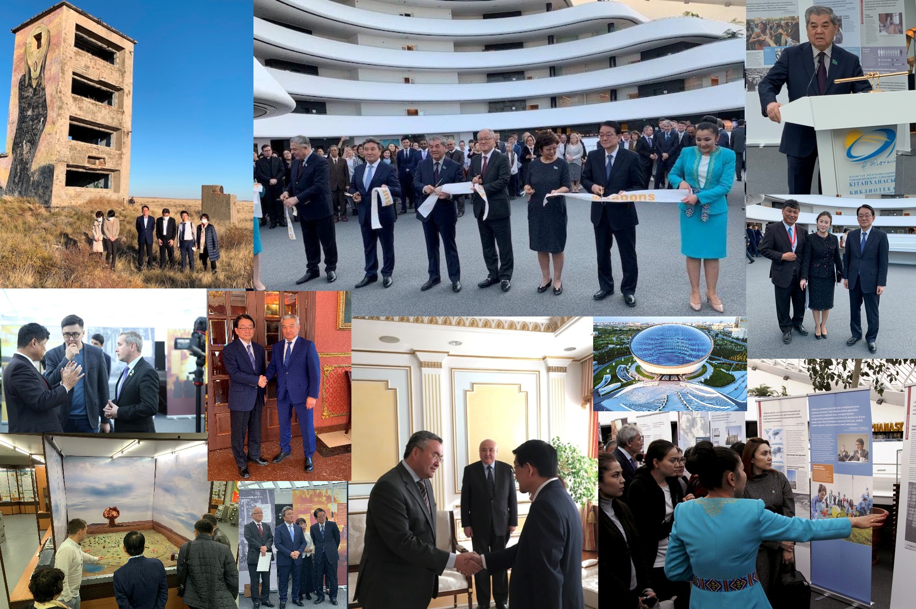 Collage of pictures depicting the opening of SGI Exhibition 'Everything You Treasure...' in Kazakhstan and the delegation's visit to Semey by Katsuhiro Asagiri, INPS-IDN Multimedia Director