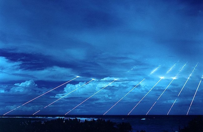 Photo: Test of the LG-118A Peacekeeper missile, each one of which could carry 10 independently targeted nuclear warheads along trajectories outside of the Earth's atmosphere. Source: Wikimedia Commons.