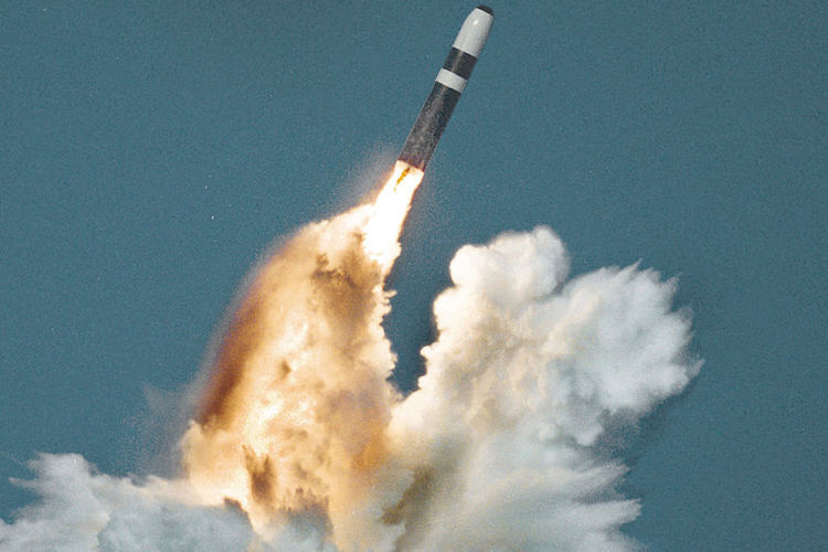 Photo: A Trident missile launched from a submerged ballistic missile submarine. Source: Wikimedia Commons.