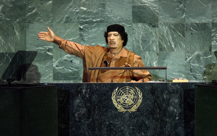 Photo Col Muammar el-Qaddafi of Libya addressing the UN General Assembly sessions in September 2009. Credit: United Nations