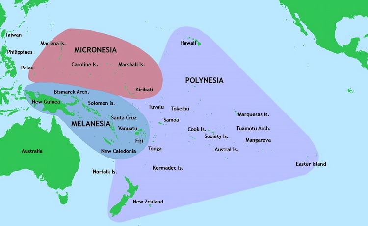 Image: Three of the major groups of islands in the Pacific Ocean: Micronesia, Melanesia, and Polynesia. Source: Wikimedia Commons.