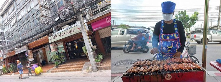 Clollage of pictures: (left) Shuttered massage parlours in Pratunam area and Rachanee: With massage business down, Rachanee sells BBQ pork in the pavement outside her apartment. Credit: Pattama Vilailert.