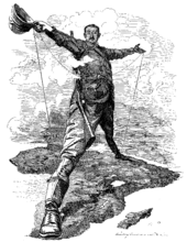 Caricature of Cecil John Rhodes, after he announced plans for a telegraph line and railroad from Cape Town to Cairo.