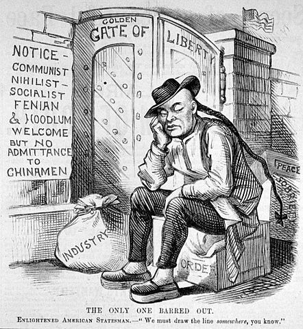 Editorial cartoon showing a Chinese man, surrounded by luggage labeled 