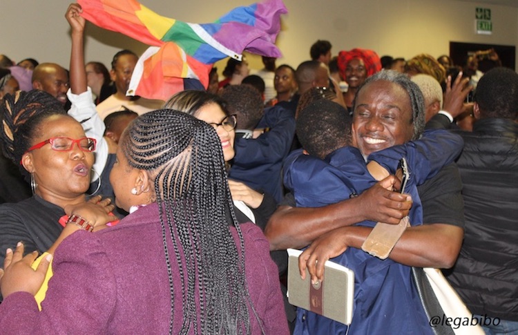 Photo: Botswanans celebrate the high court’s decision decriminalizing homosexuality. Credit: LEGABIBO (Lesbians, Gays & Bisexuals of Botswana) via Facebook.
