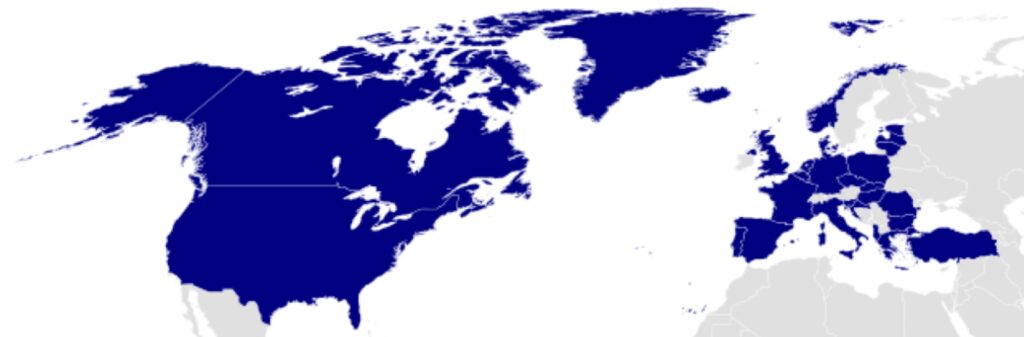 Member countries of NATO in blue/ Location_NATO.svg: Ssolbergj - Location_NATO.svg, CC BY 3.0