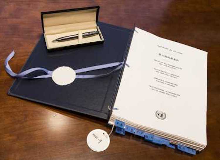 The Treaty on the Prohibition of Nuclear Weapons, signed 20 September 2017 by 50 United Nations member states. Credit: UN Photo / Paulo Filgueiras