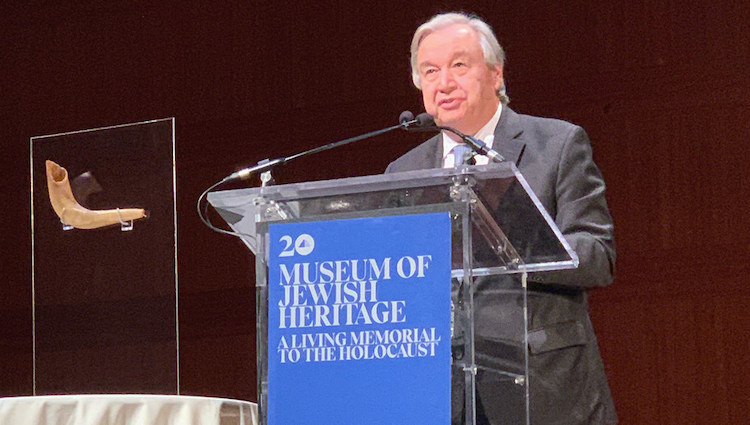 Photo: Secretary-General António Guterres delivers a keynote address at the 81st Anniversary Commemoration of Kristallnacht at the Museum of Jewish Heritage, in New York. Credit: UN/Antonio Ferrari.