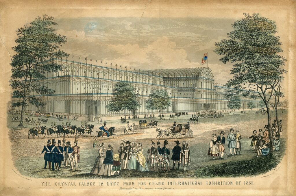 Read & Co. Engravers & Printers - View from the Knightsbridge Road of The Crystal Palace in Hyde Park for Grand International Exhibition of 1851. Dedicated to the Royal Commissioners., London: Read & Co. Engravers & Printers, 1851., Public Domain
