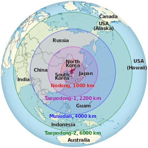 Azimuthal equidistant projection of estimated maximum range of some North Korean missiles/ North-korean-missile-ranges.svg: TUBSderivative work: Cmglee:, CC BY-SA 3.0