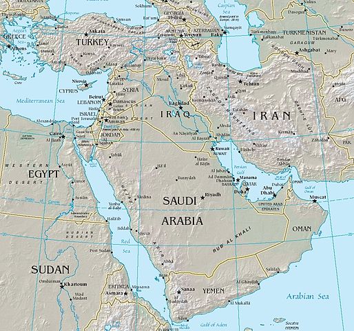 Map of the Middle East between Africa, Europe, and South Asia/ Public Domain