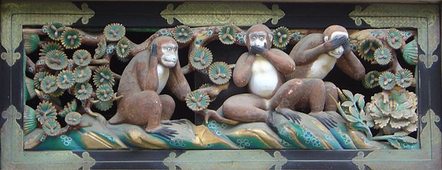 The Three Wise Monkeys carved on a stable housing sacred horses at Tōshōgū shrine, Nikkō, Japan