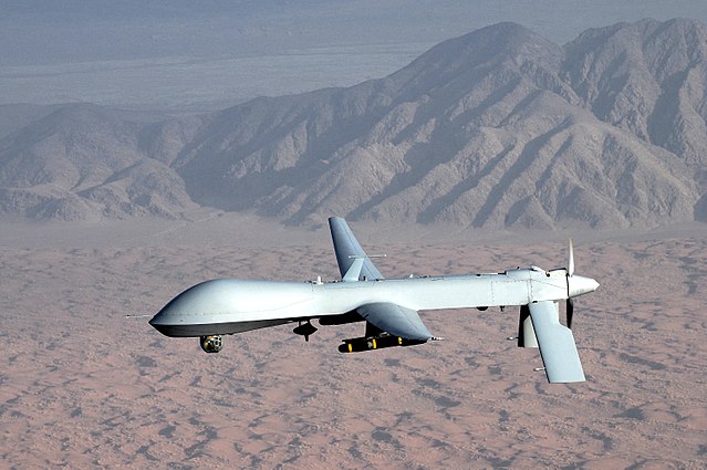An MQ-9 Reaper unmanned aerial vehicle flies a combat mission over southern Afghanistan/ By Lt. Col. Leslie Pratt - commons file, Public Domain