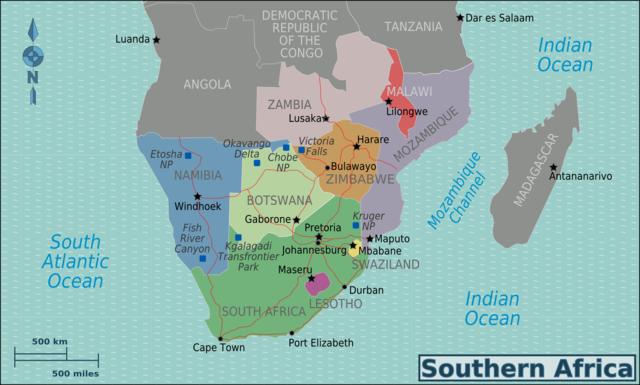 Map of Southern Africa for use on Wikivoyage, English version/ Wikimedia Commons