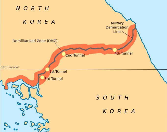 The Korean DMZ is shown in red with the Military Demarcation Line (MDL) denoted by the black line/By Rishabh Tatiraju - Own work, CC BY-SA 3.0 
