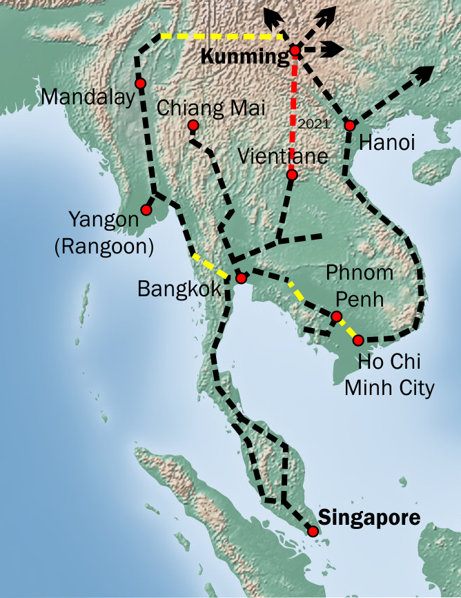 Overview map of the proposed connections for the Kunming-Singapore railway. / By Classical geographer - Own work, CC BY-SA 3.0