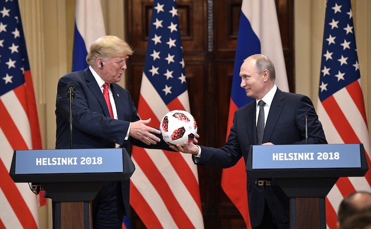 Photo: Putin gifts Trump a Telstar Mechta, the official match ball for the knockout stage of the 2018 FIFA World Cup. CC BY 4.0