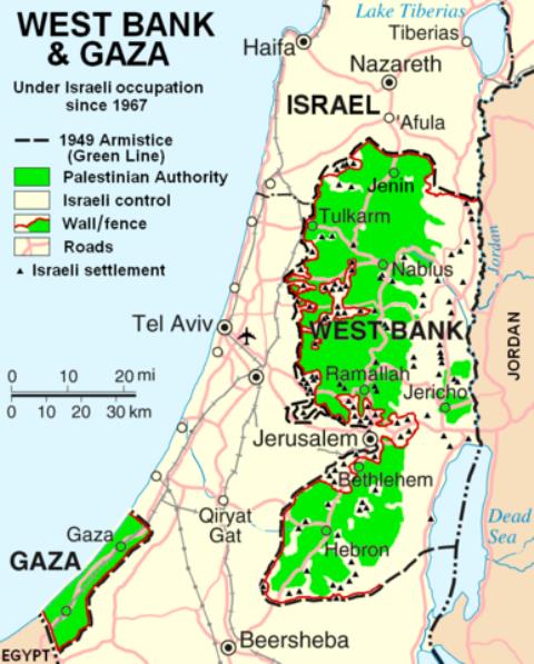 Central Israel next to the Palestinian National Authority in the West Bank and the Gaza Strip, 2007/ Public Domain