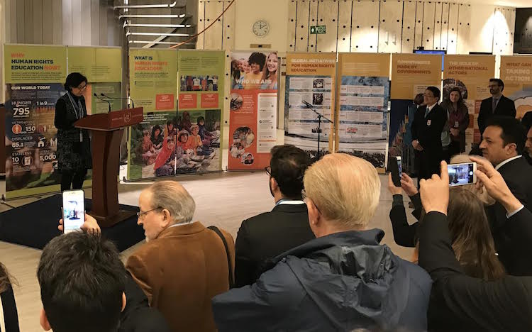 Ambassador Maria Nazareth Farani Azevedo of Brazil (left in the photo) addressing launch of the Exhibition as representative of the Platform for Human Rights Education and Learning, comprising the governments of Brazil, Costa Rica, Italy, Morocco, the Philippines, Senegal, Slovenia, Switzerland, and Thailand. Credit: Kimiaki Kawai | SGI