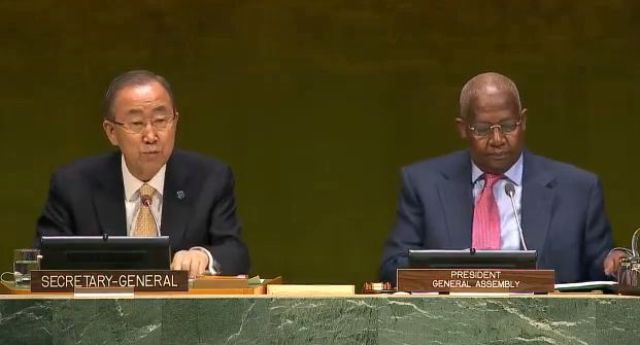 UN Secretary-General anouncing the Synthesis Report that proposes 6 Elements for Post-2015 Agenda