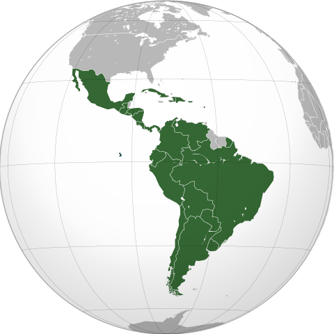 Latin America (orthographic projection). In grey Canada, USA, Belize, Guyana, Suriname, Trinidad and Tobago, Jamaica, the Bahamas, the Falklands./ By Heraldry - Own work, CC BY-SA 3.0