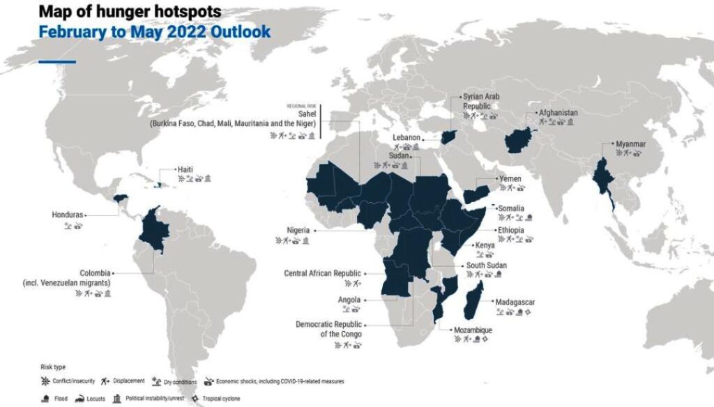 Map of huger hotspots Befruary to May 2022 Outlook/ FAO-WFP