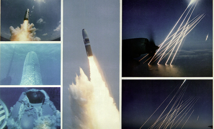 Image: Montage of an inert test of a United States Trident SLBM (submarine launched ballistic missile), from submerged to the terminal, or re-entry phase, of the multiple independently targetable reentry vehicles. Source: Wikimedia Commons