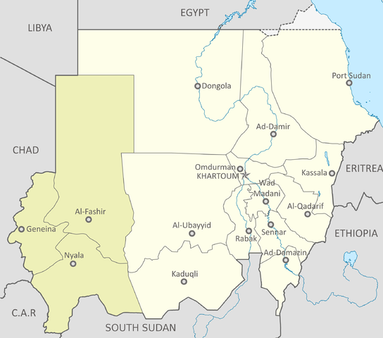 Map of Darfur within Sudan, July 2011./ By Sudan location map.svg: NordNordWestMap of Darfur-en.png: User:ПаккоThis derivative image: Idaltu - Sudan location map.svgMap of Darfur-en.png, CC BY-SA 3.0