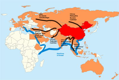 China in Red, the members of the Asian Infrastructure Investment Bank in orange. The proposed corridors and in black (Land Silk Road), and blue (Maritime Silk Road)./ By Lommes - Own work, CC BY-SA 4.0