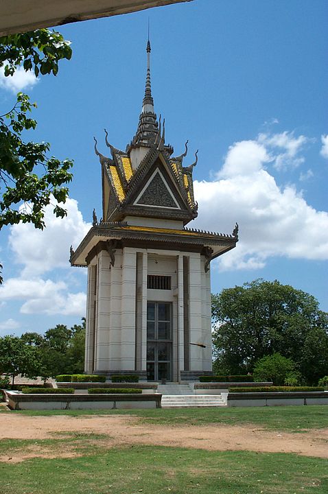 Choeung Ek commemorative stupa filled with skulls, Public Domain