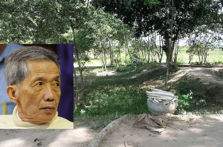Collage of the mass grave at the Killing Field of Choeung Ek with the leader of the Killing Fields on the left. Source: Wikimedia.