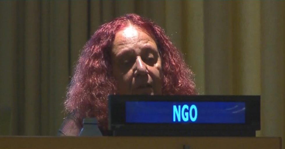 Photo: Jacqueline Cabasso presenting at the NPT Review Conference, United Nations, August 2022.