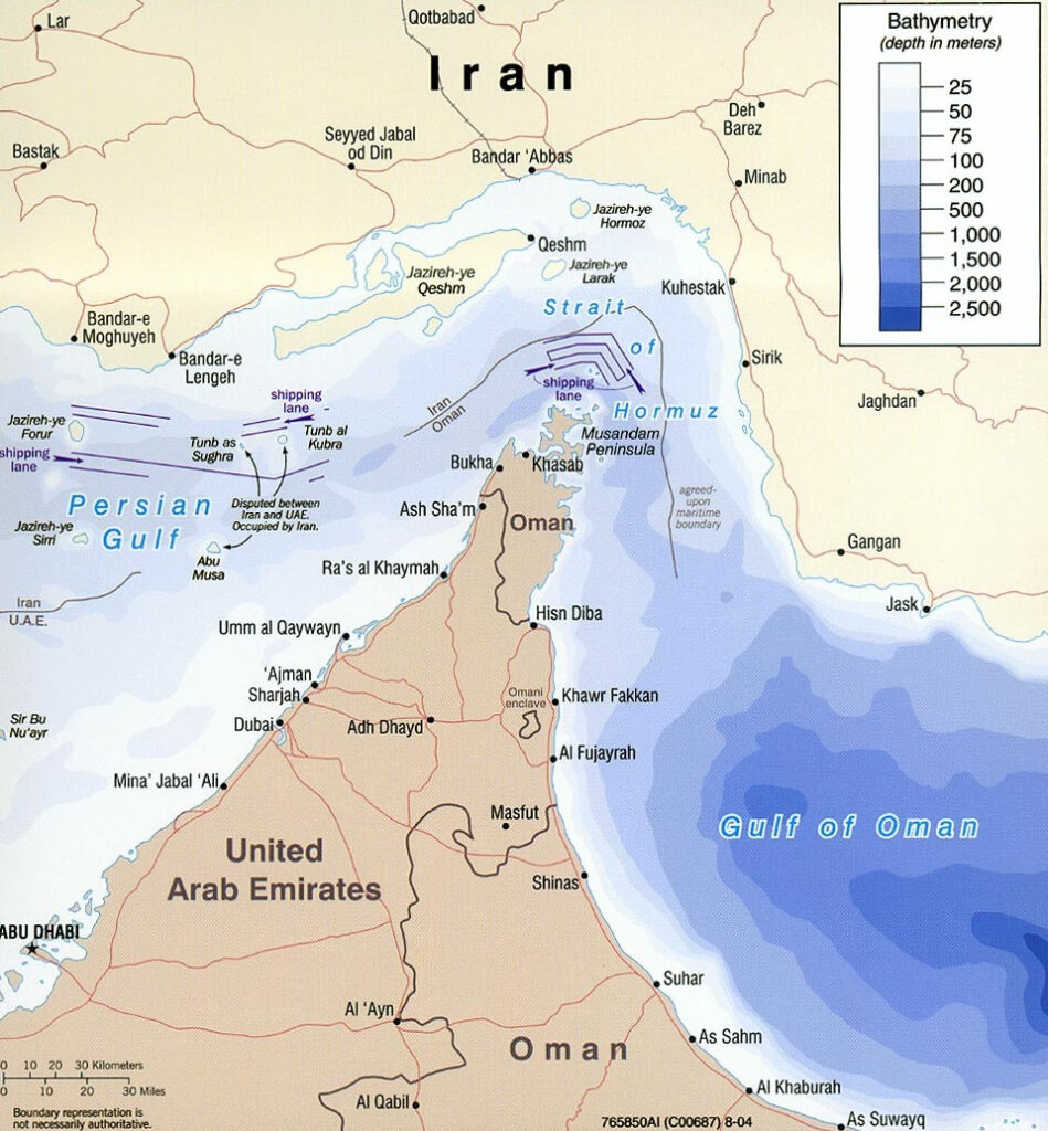 Map of Strait of Hormuz with maritime political boundaries /Public Domain