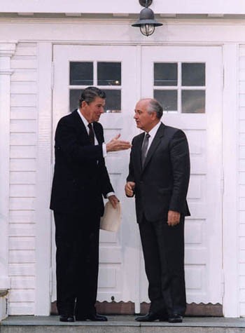 President Reagan greets Soviet General Secretary Gorbachev at Hofdi House during the Reykjavik Summit, Iceland. Credit: Ronald Reagan Presidential Library