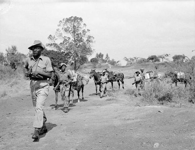 Troops of the King's African Rifles carry supplies while on watch for Mau Mau fighters./ By Ministry of Defence POST-1945 OFFICIAL COLLECTION, Public Domain