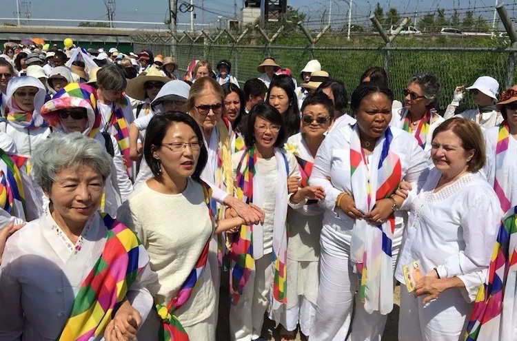 Gloria Steinem, Christine Ahn, Leymah Gbowee, and Mairead Maguire were among the 30 women peacemakers who crossed the DMZ in 2015. Source: Women Cross DMZ.