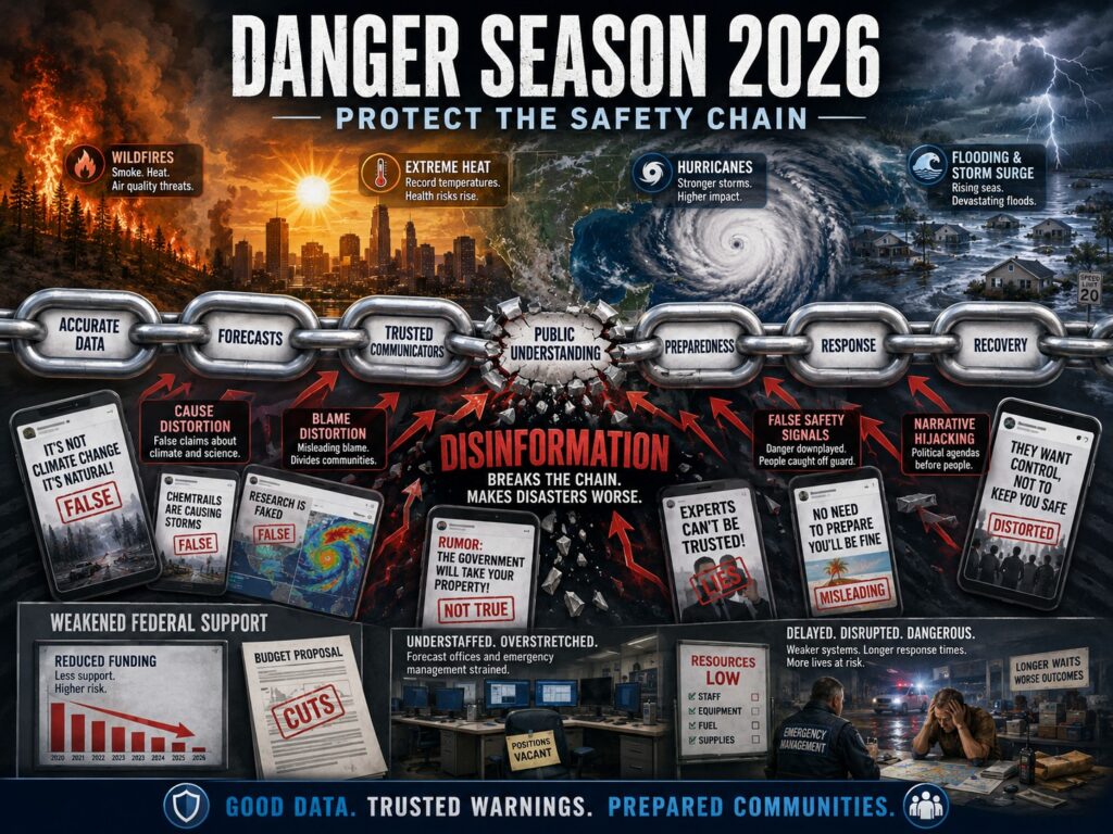 As climate change intensifies wildfires, heat waves, hurricanes, floods, and other disasters, a strong “safety chain” linking accurate data, trusted information, preparedness, and effective response is essential. Disinformation and the weakening of public institutions can break that chain and make disasters even more dangerous.